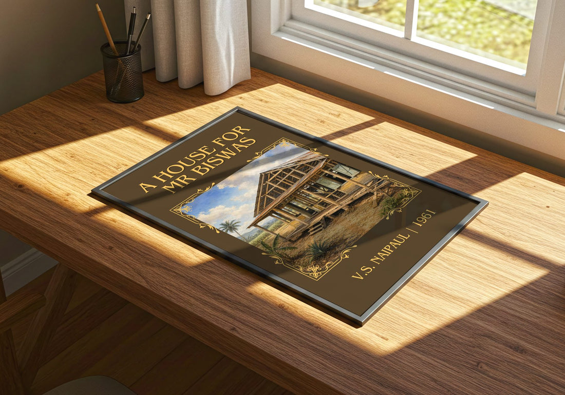 A House for Mr Biswas Classic Book Art Print by V.S. Naipaul – print on a sunlit desk
