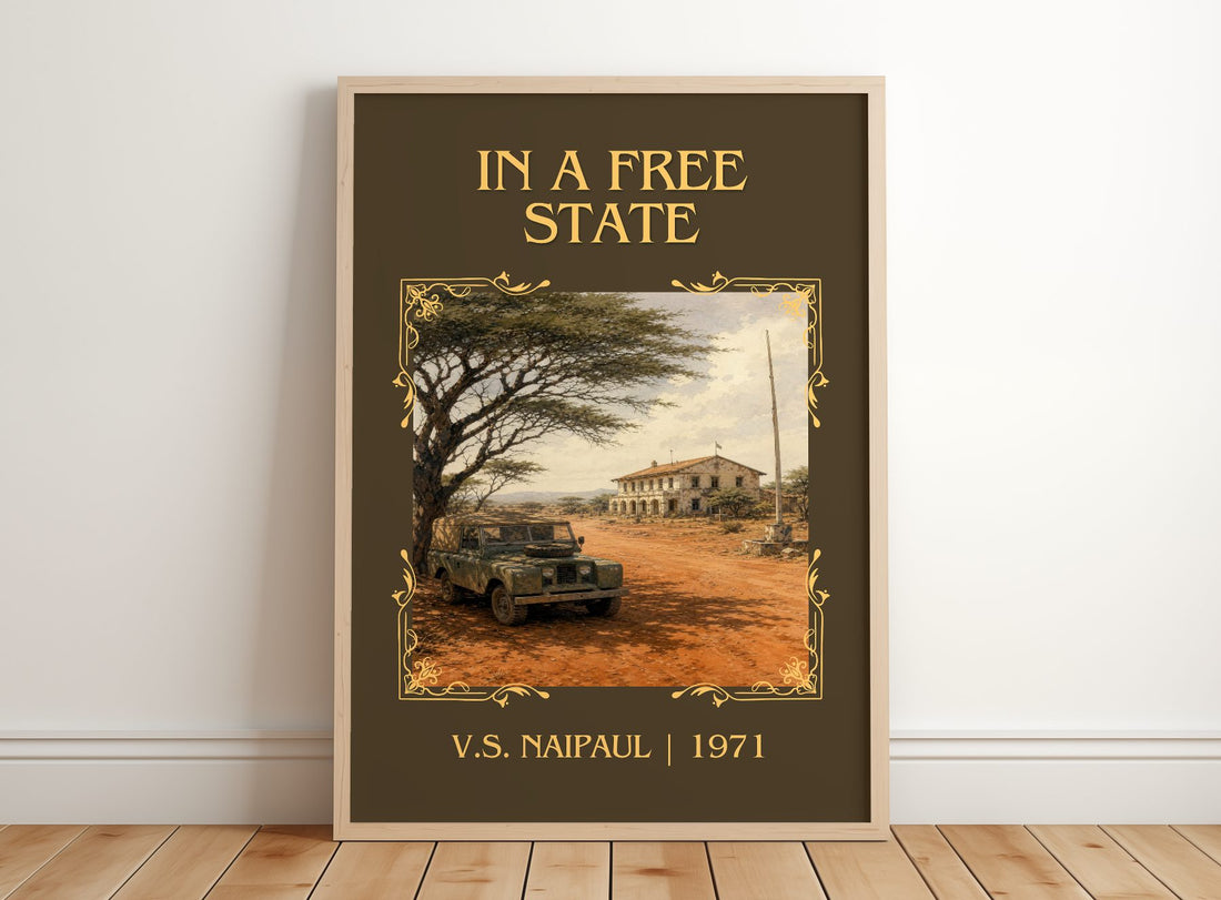 In a Free State Classic Book Art Print by V.S. Naipaul – framed print leaning on a wooden floor