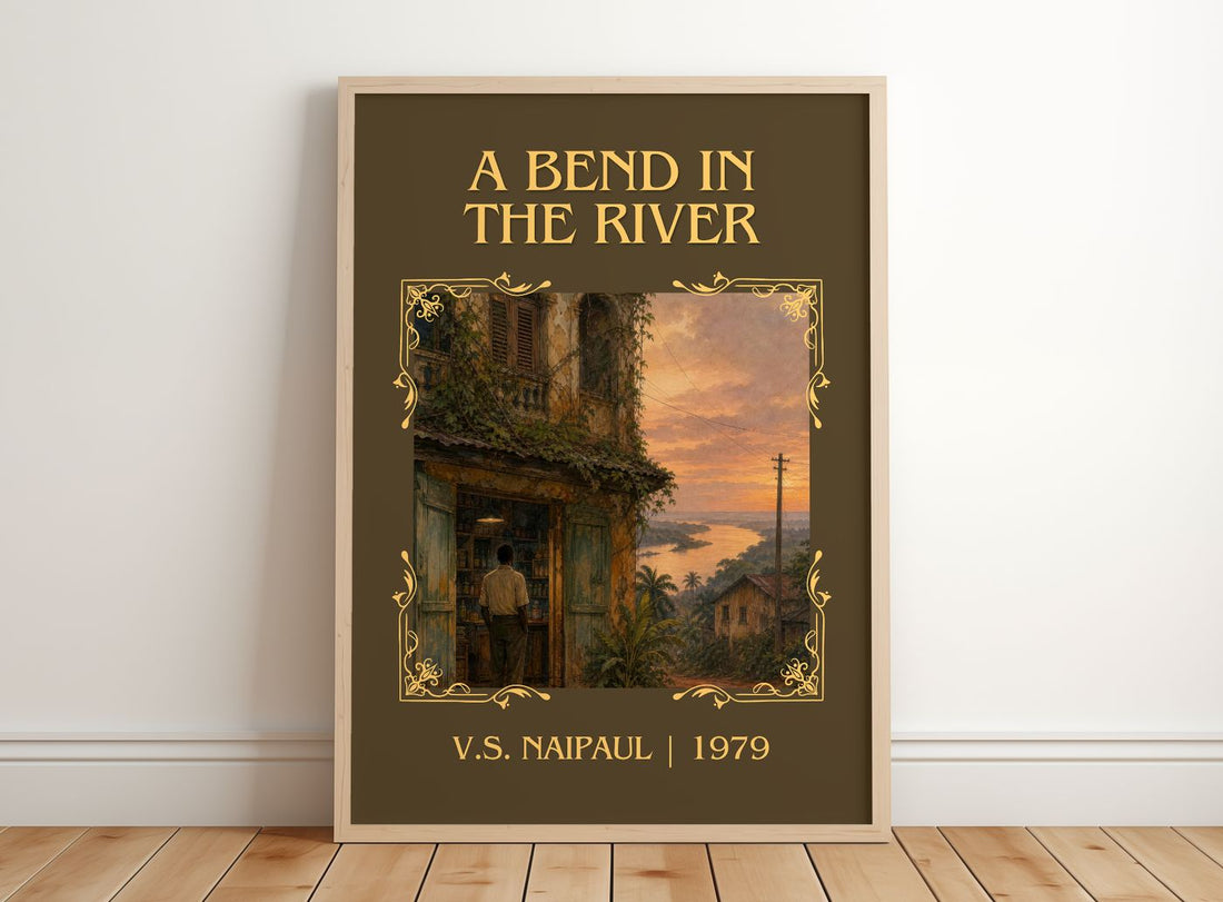 A Bend in the River Classic Book Art Print by V.S. Naipaul – framed print leaning on a wooden floor
