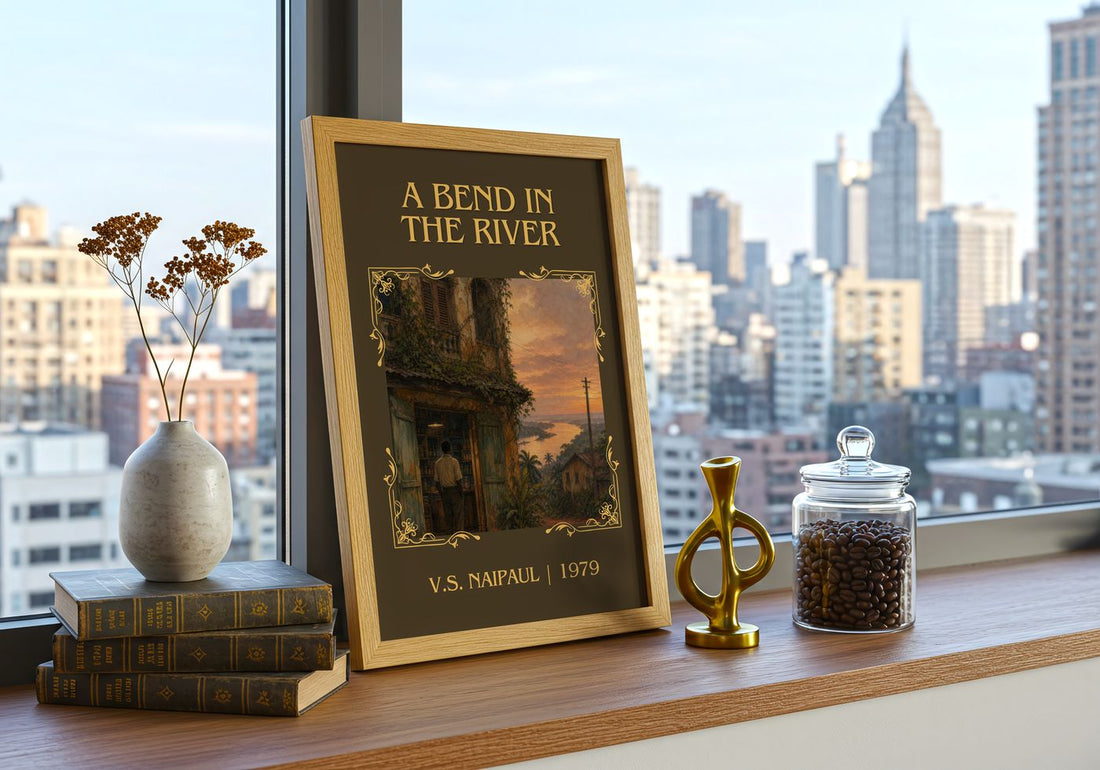 A Bend in the River Classic Book Art Print by V.S. Naipaul – framed print on a city-view windowsill