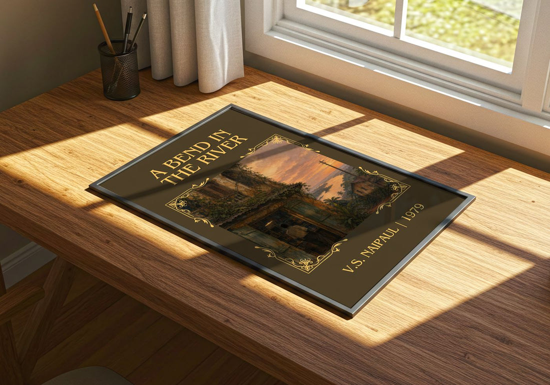 A Bend in the River Classic Book Art Print by V.S. Naipaul – print on a sunlit desk