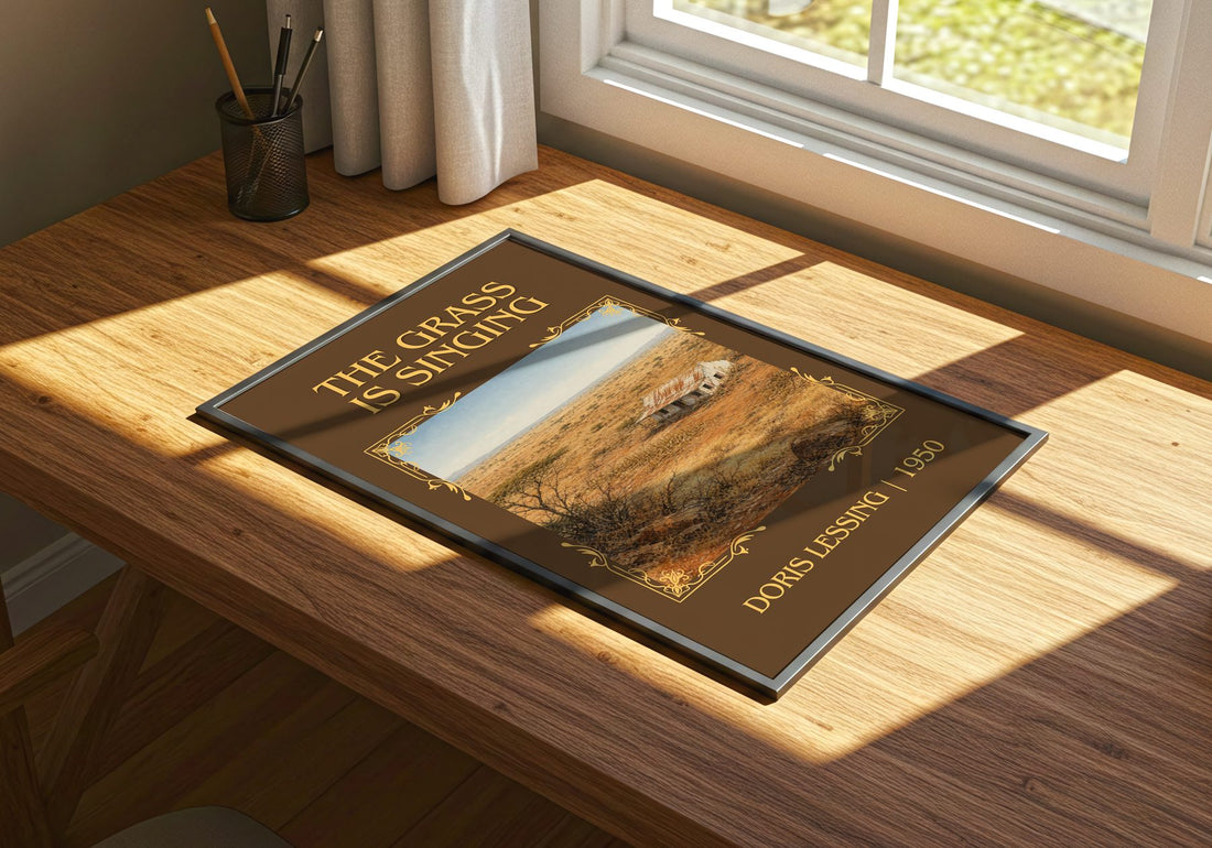 The Grass Is Singing Classic Book Art Print by Doris Lessing – print on a sunlit desk