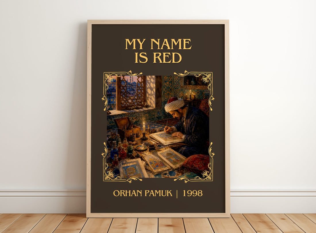 My Name Is Red Classic Book Art Print by Orhan Pamuk – framed print leaning on a wooden floor