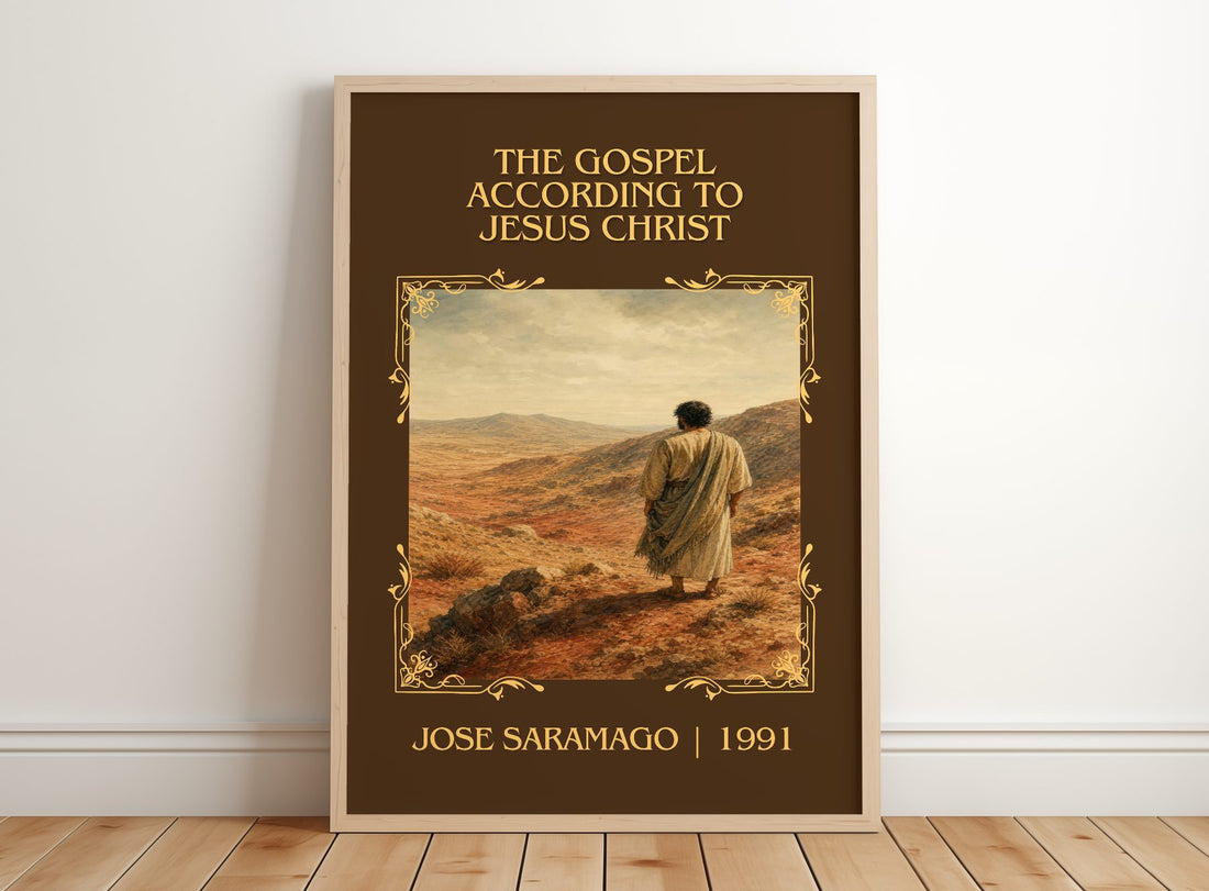 Gospel According to Jesus Christ Classic Book Art Print by J. Saramago – framed print leaning on a wooden floor