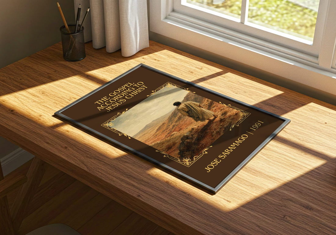Gospel According to Jesus Christ Classic Book Art Print by J. Saramago – print on a sunlit desk