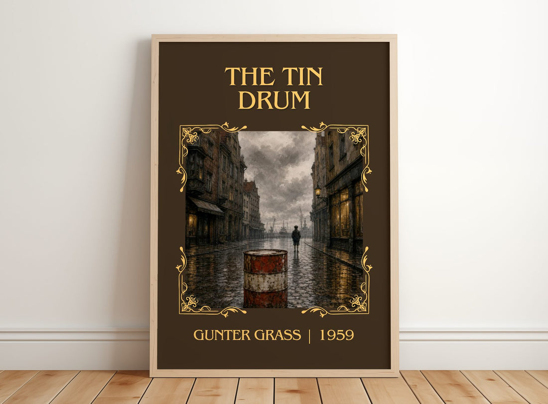 The Tin Drum Classic Book Art Print by Günter Grass – framed print leaning on a wooden floor