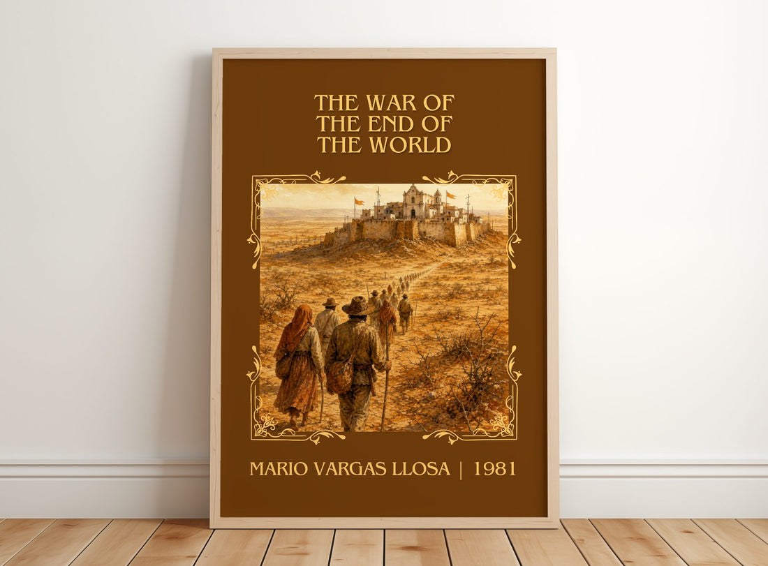 War of the End of the World Classic Book Art Print by M. Llosa – framed print leaning on a wooden floor