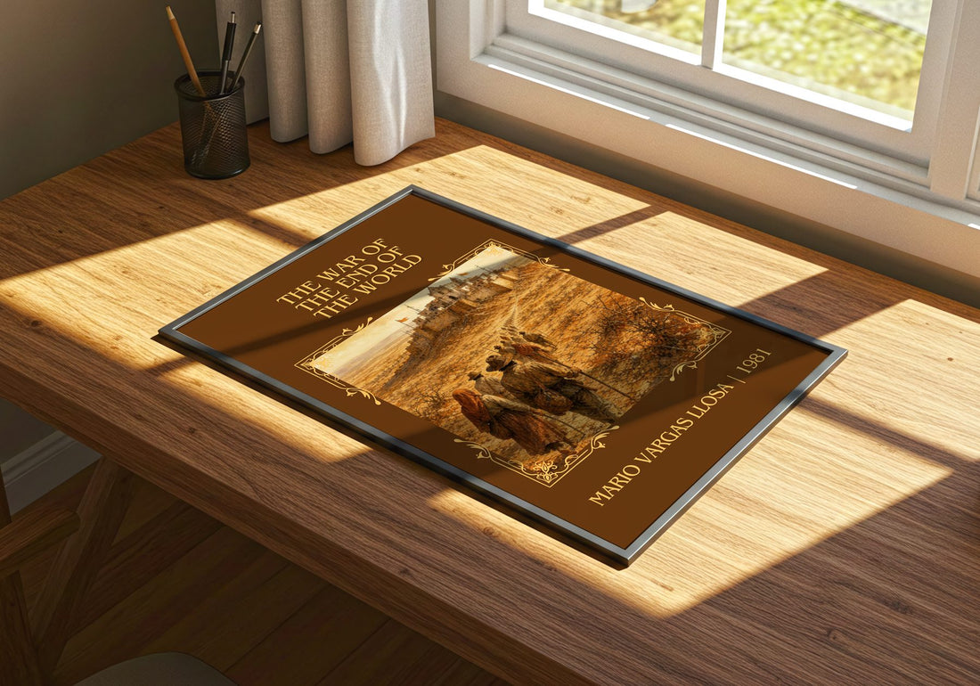 War of the End of the World Classic Book Art Print by M. Llosa – print on a sunlit desk