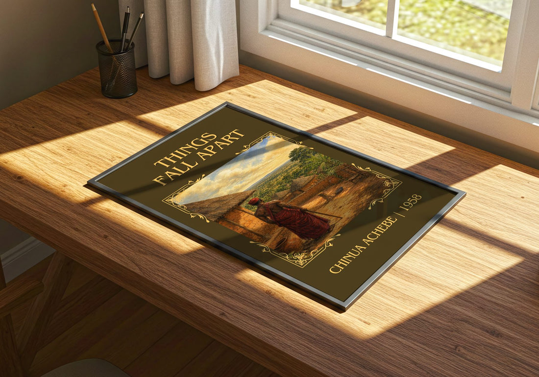 Things Fall Apart Classic Book Art Print by Chinua Achebe – print on a sunlit desk
