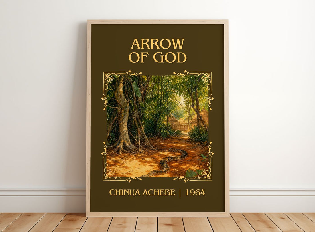 Arrow of God Classic Book Art Print by Chinua Achebe – framed print leaning on a wooden floor