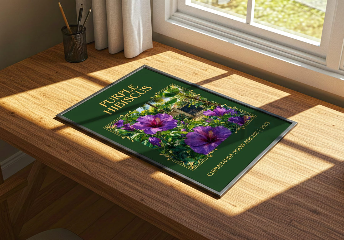 Purple Hibiscus Classic Book Art Print by Chimamanda Ngozi Adichie – print on a sunlit desk