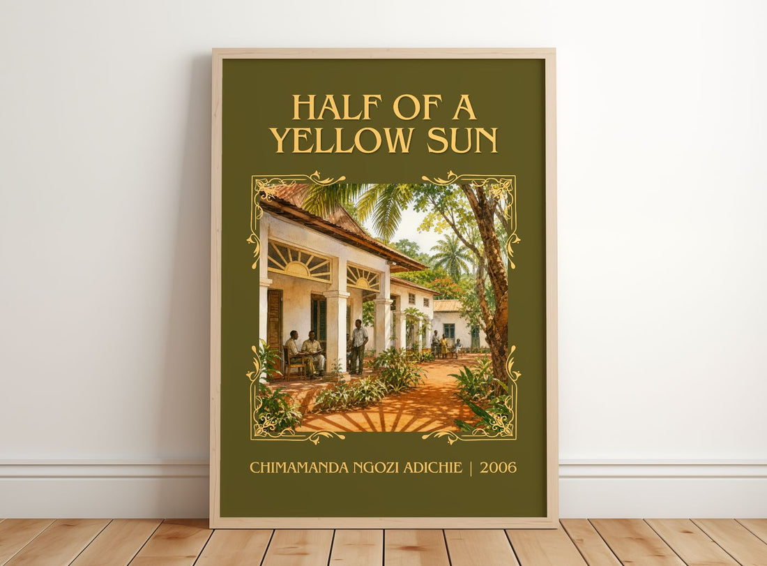 Half of a Yellow Sun Classic Book Art Print by C. Adichie – framed print leaning on a wooden floor