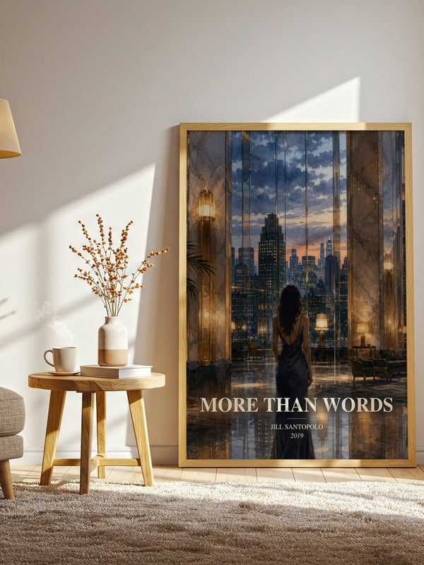 More Than Words watercolour print in frame leaning in hallway – contemporary fiction wall art