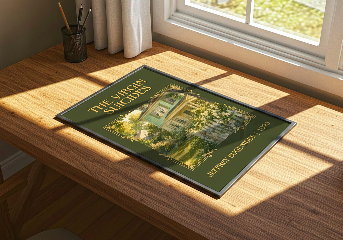 The Virgin Suicides Classic Book Art Print by Jeffrey Eugenides – print on a sunlit desk