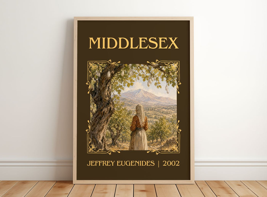 Middlesex Classic Book Art Print by Jeffrey Eugenides – framed print leaning on a wooden floor