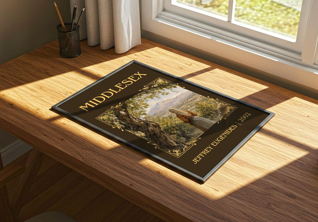 Middlesex Classic Book Art Print by Jeffrey Eugenides – print on a sunlit desk