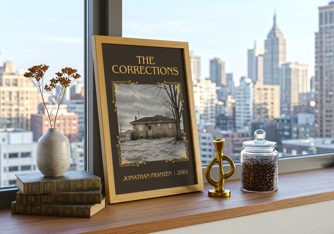 The Corrections Classic Book Art Print by Jonathan Franzen – framed print on a city-view windowsill