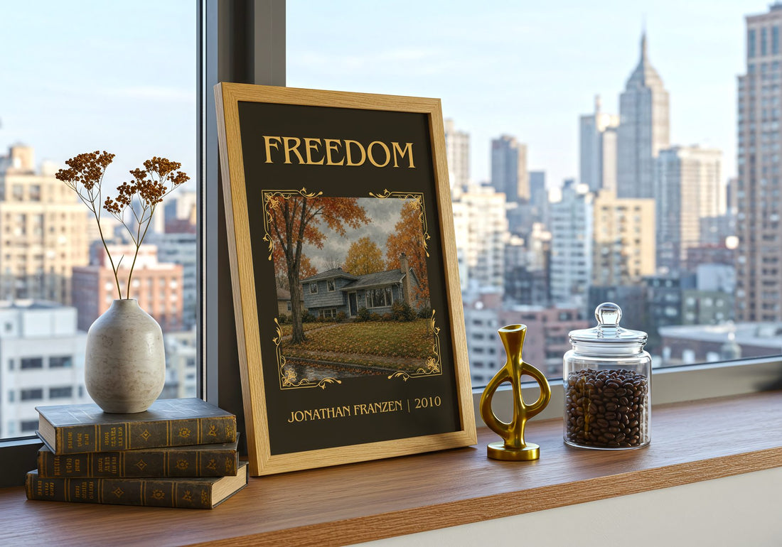 Freedom Classic Book Art Print by Jonathan Franzen – framed print on a city-view windowsill
