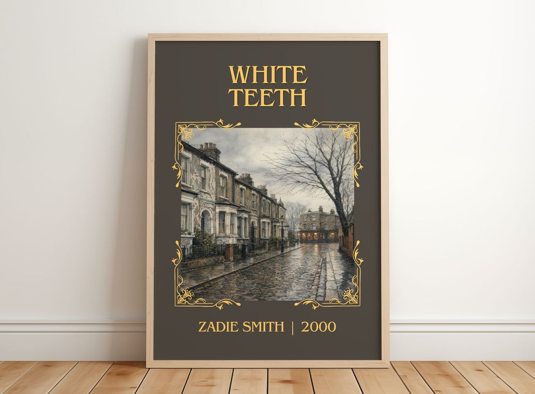 White Teeth Classic Book Art Print by Zadie Smith – framed print leaning on a wooden floor