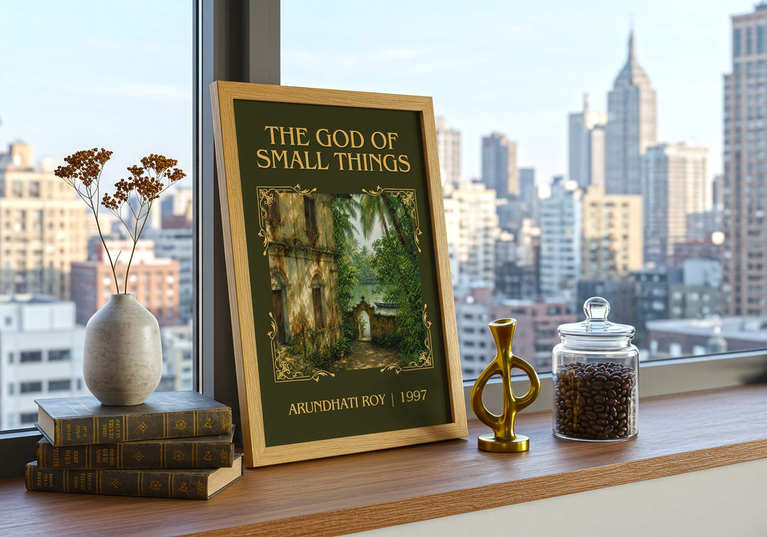 The God of Small Things Classic Book Art Print by Arundhati Roy – framed print on a city-view windowsill