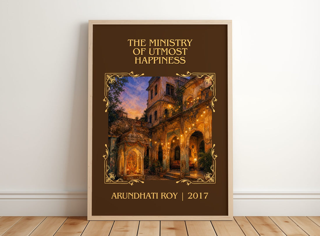 Ministry of Utmost Happiness Classic Book Art Print by Arundhati Roy – framed print leaning on a wooden floor