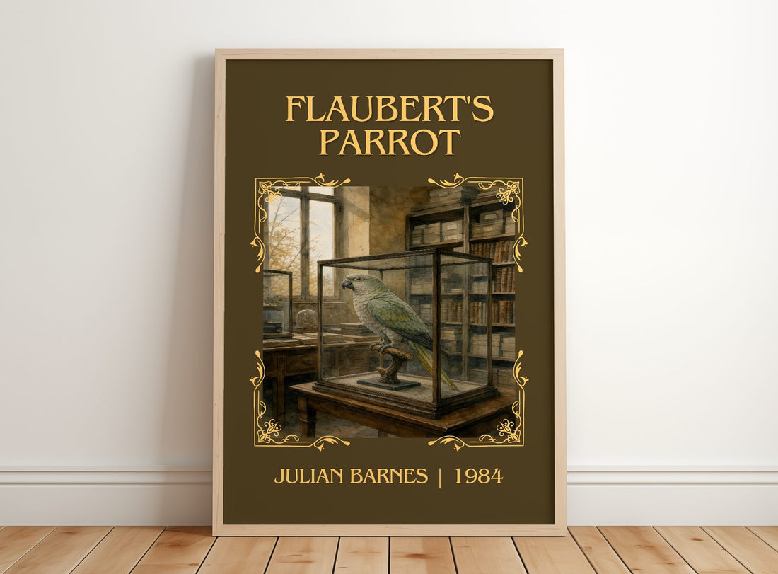 Flaubert's Parrot Classic Book Art Print by Julian Barnes – framed print leaning on a wooden floor