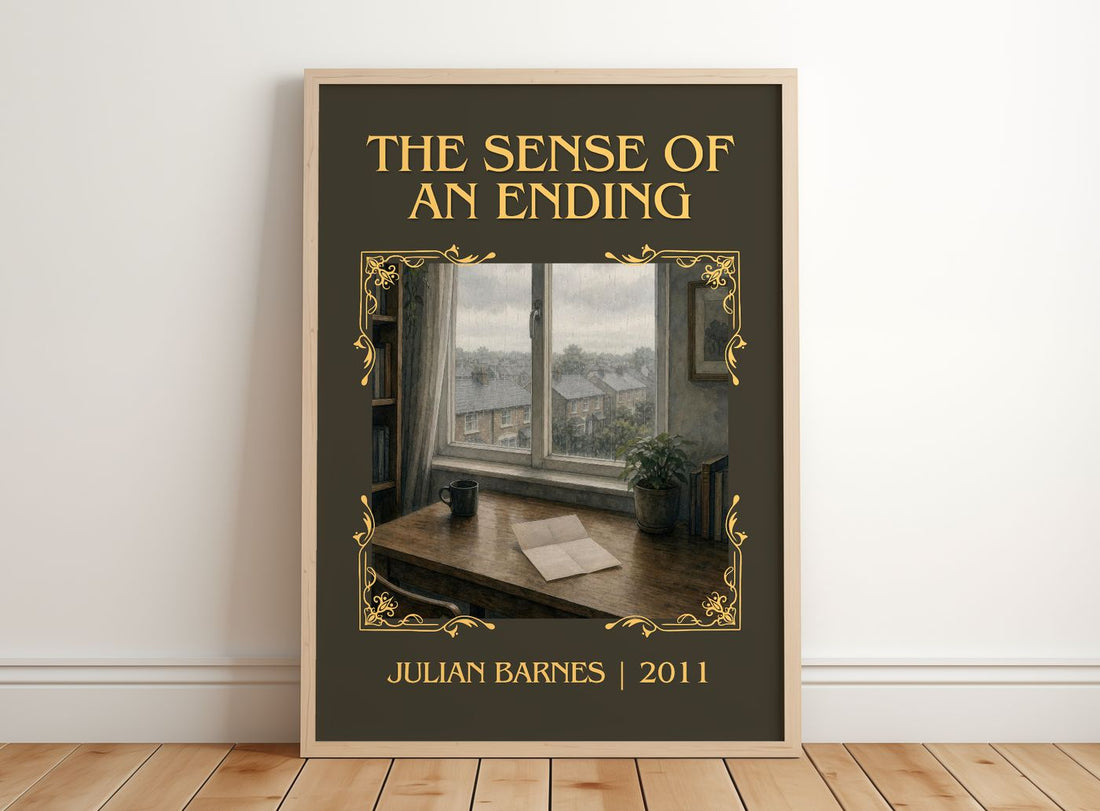 The Sense of an Ending Classic Book Art Print by Julian Barnes – framed print leaning on a wooden floor