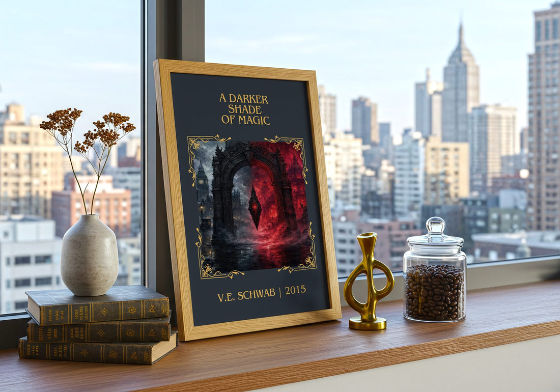 A Darker Shade of Magic Classic Book Art Print by V.E. Schwab – framed print on a city-view windowsill