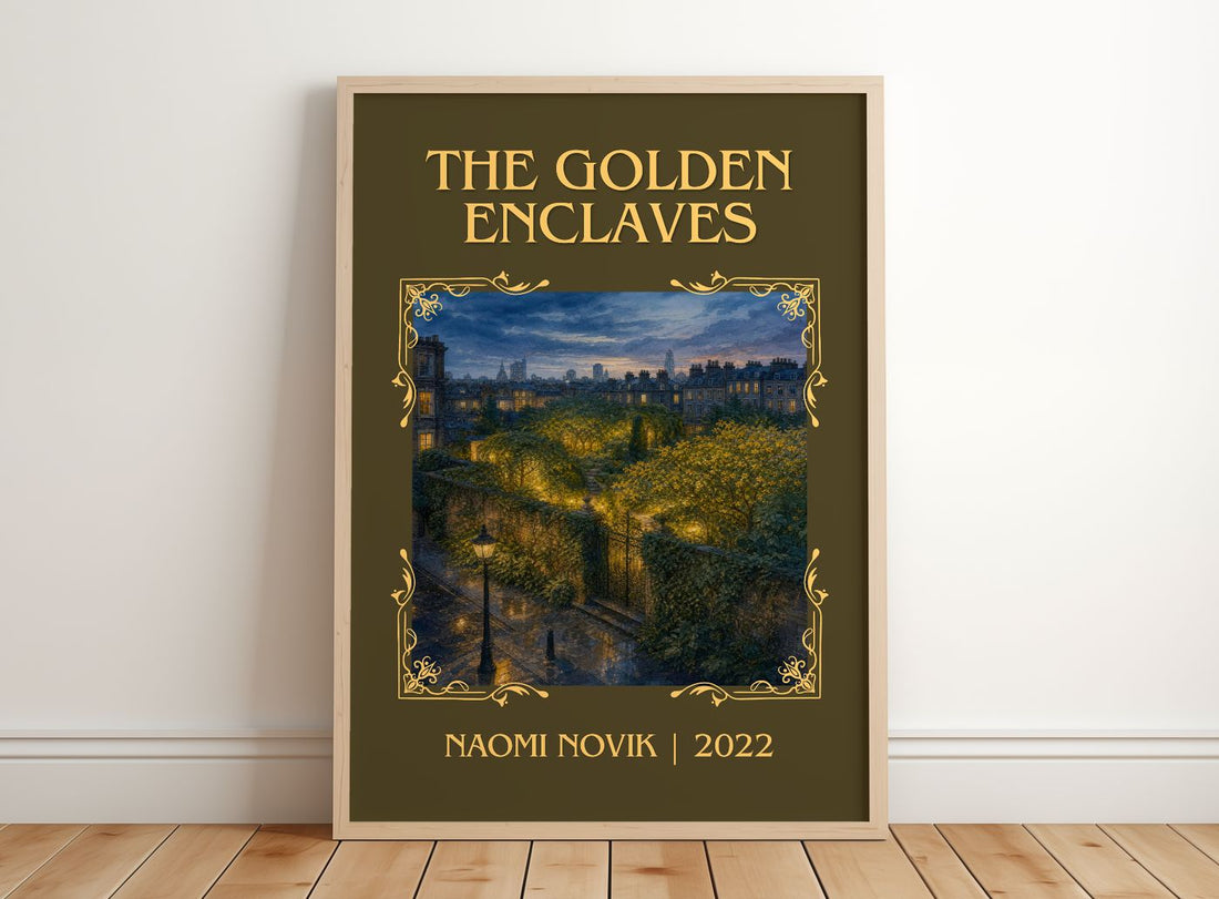 The Golden Enclaves Classic Book Art Print by Naomi Novik – framed print leaning on a wooden floor