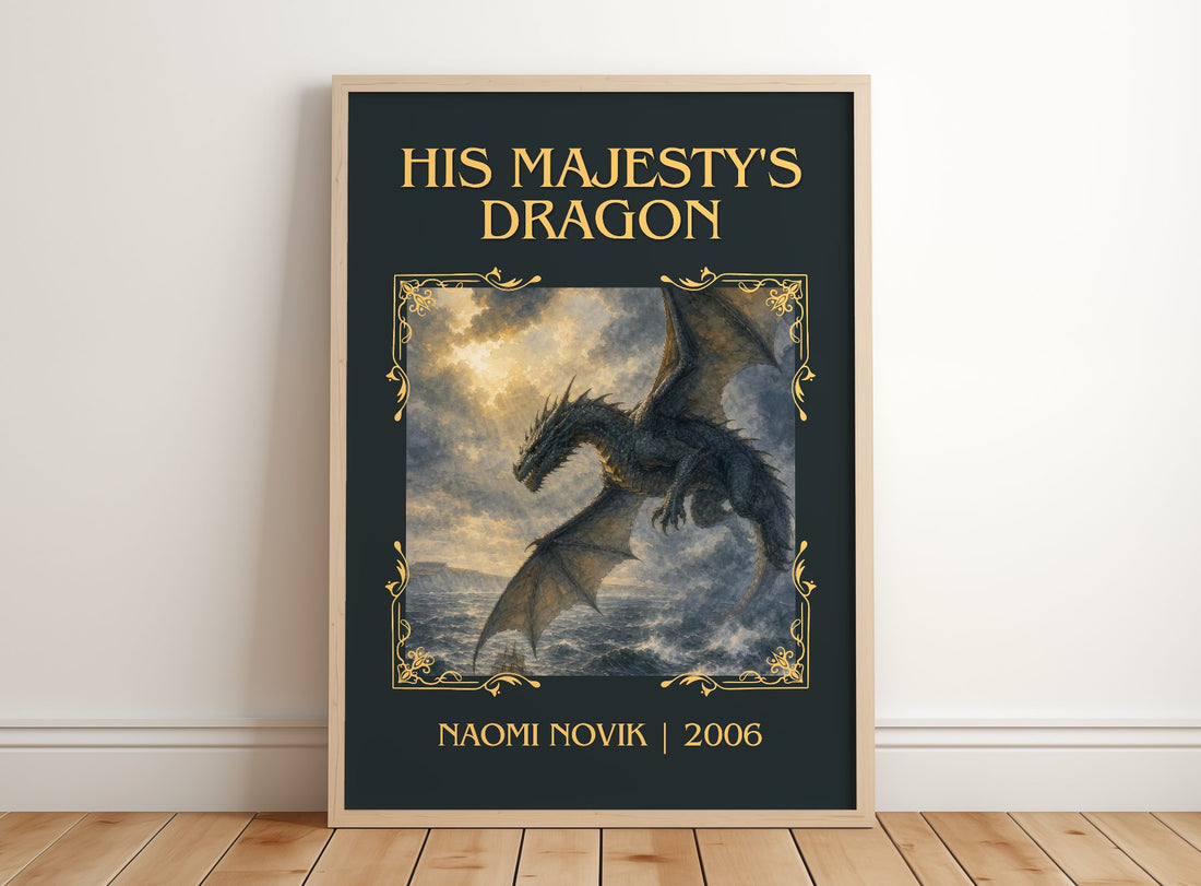 His Majesty's Dragon Classic Book Art Print by Naomi Novik – framed print leaning on a wooden floor