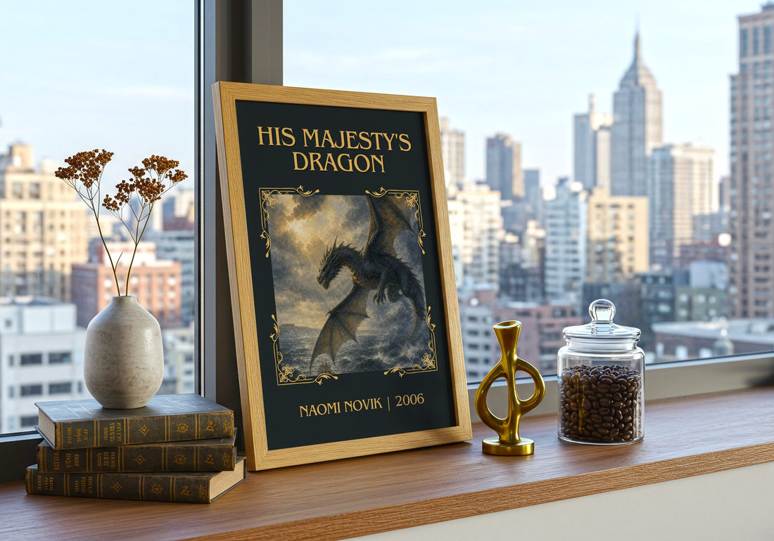 His Majesty's Dragon Classic Book Art Print by Naomi Novik – framed print on a city-view windowsill