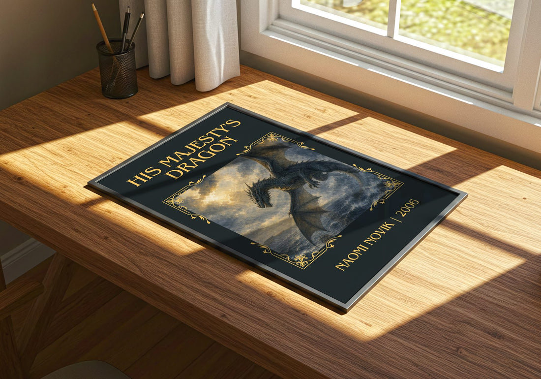 His Majesty's Dragon Classic Book Art Print by Naomi Novik – print on a sunlit desk
