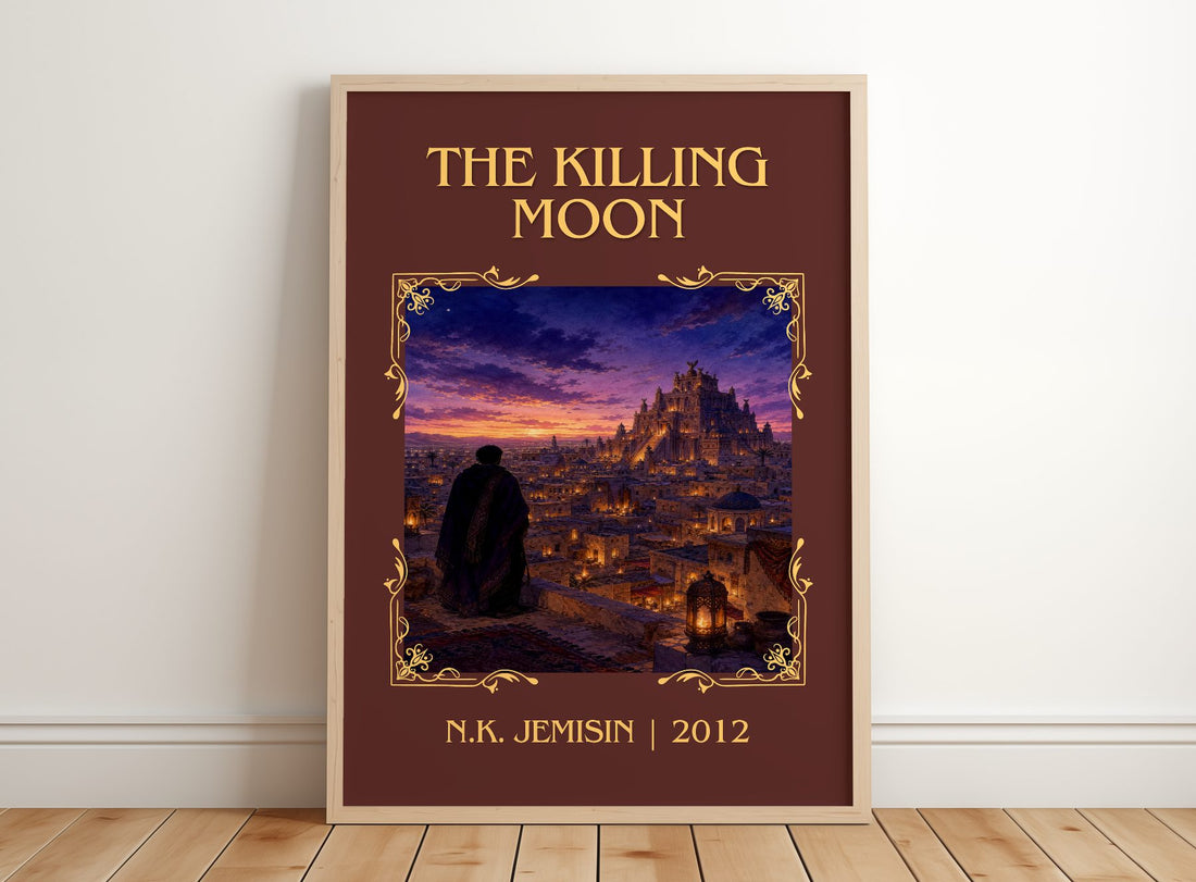 The Killing Moon Classic Book Art Print by N.K. Jemisin – framed print leaning on a wooden floor