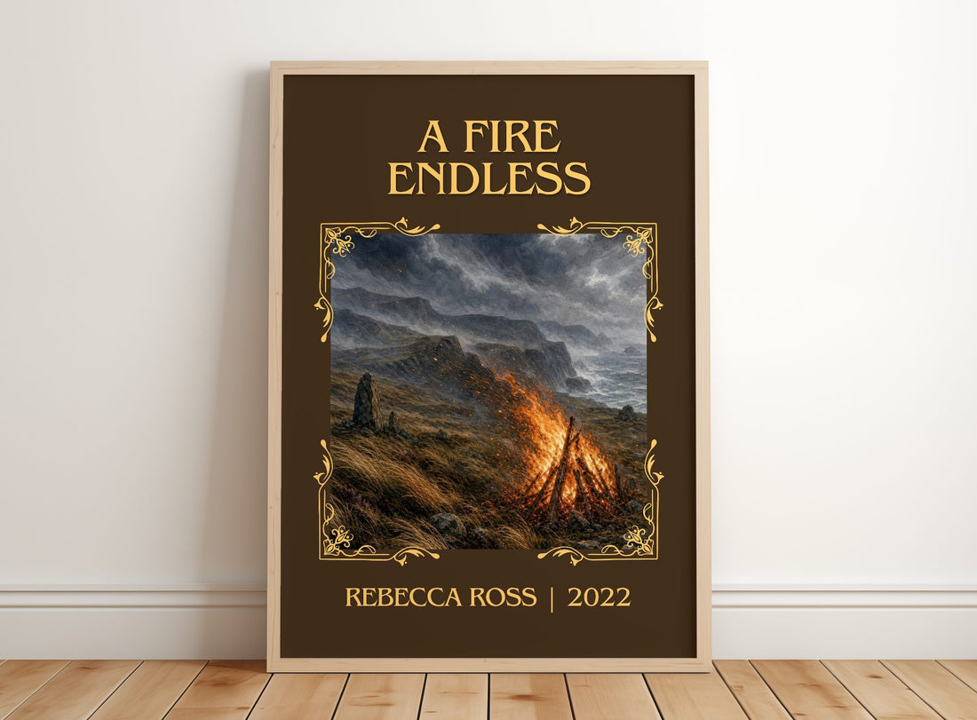 A Fire Endless Classic Book Art Print by Rebecca Ross – framed print leaning on a wooden floor