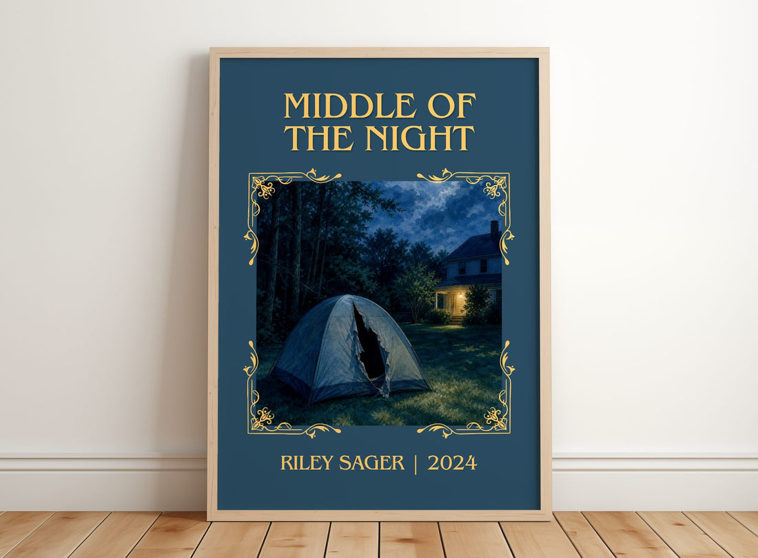 Middle of the Night Classic Book Art Print by Riley Sager – framed print leaning on a wooden floor