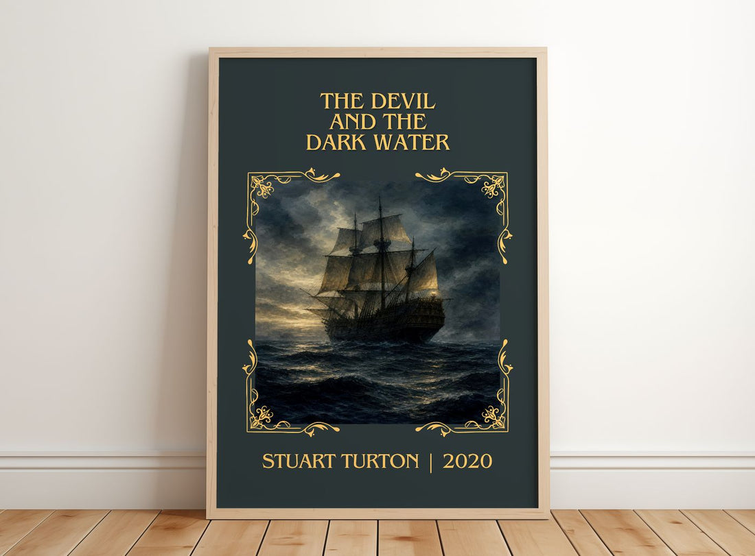 The Devil and the Dark Water Classic Book Art Print by Stuart Turton – framed print leaning on a wooden floor