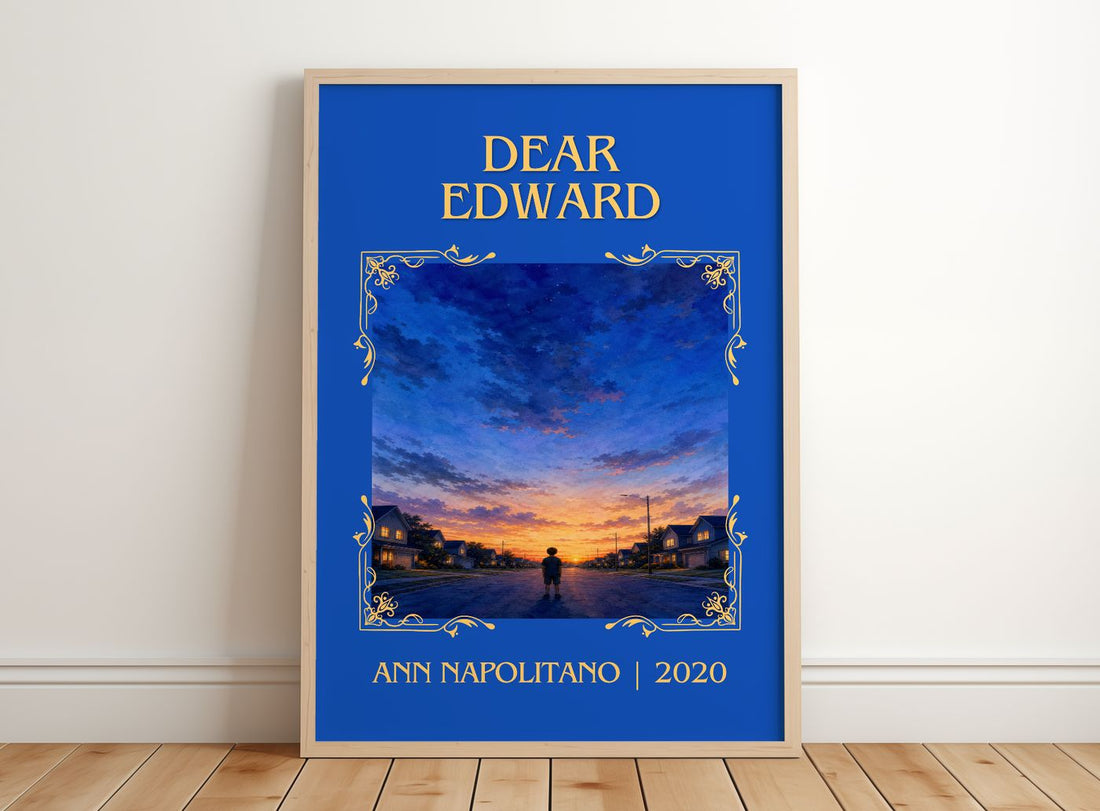 Dear Edward Classic Book Art Print by Ann Napolitano – framed print leaning on a wooden floor