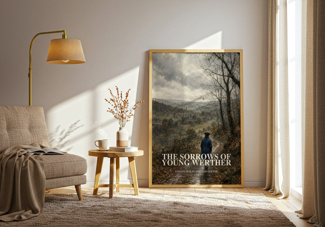 The Sorrows Of Young Werther watercolour print in frame leaning in hallway – classic literature wall art (mockup)