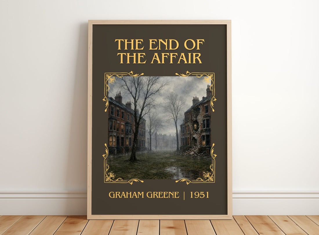The End of the Affair Classic Book Art Print by Graham Greene – framed print leaning on a wooden floor