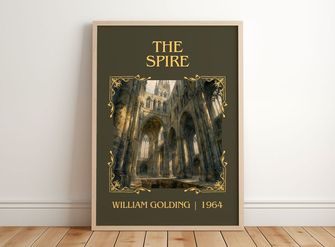 The Spire Classic Book Art Print by William Golding – framed print leaning on a wooden floor
