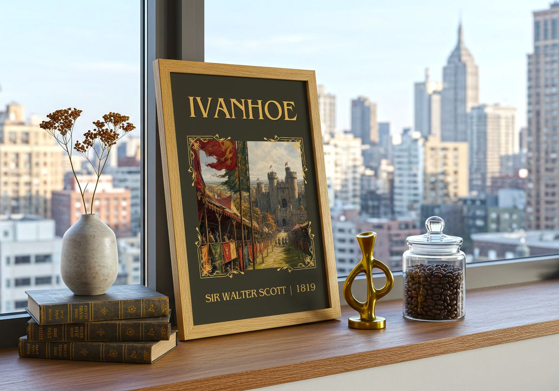 Ivanhoe Classic Book Art Print by Sir Walter Scott – framed print on a city-view windowsill