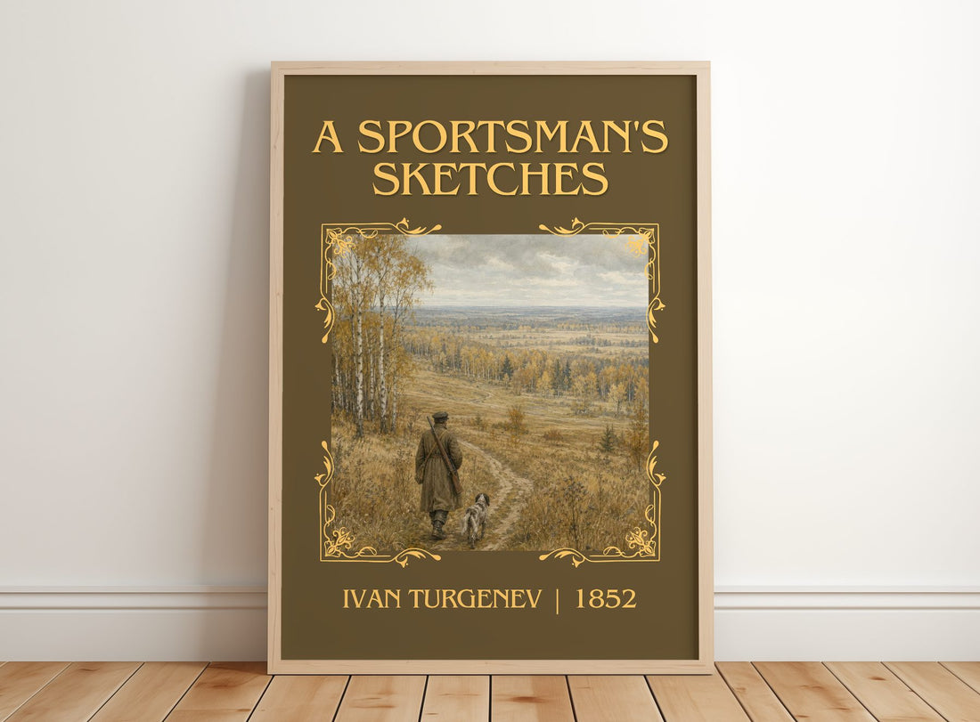 A Sportsman's Sketches Classic Book Art Print by Ivan Turgenev – framed print leaning on a wooden floor