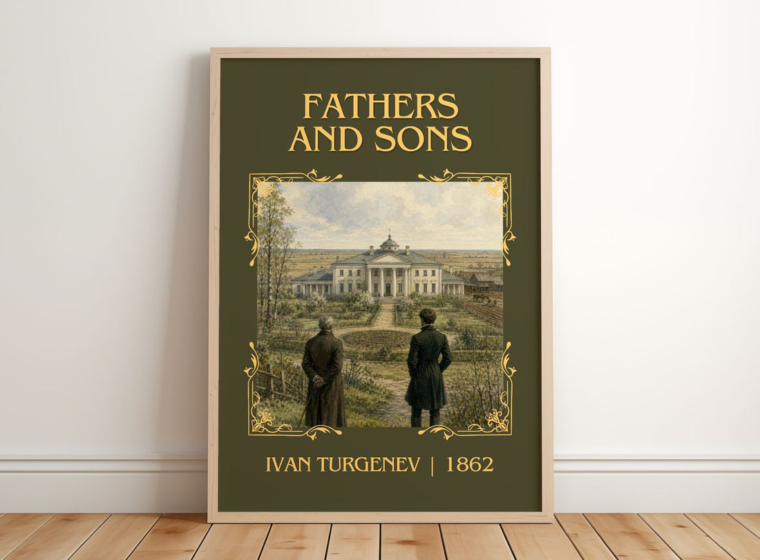 Fathers and Sons Classic Book Art Print by Ivan Turgenev – framed print leaning on a wooden floor