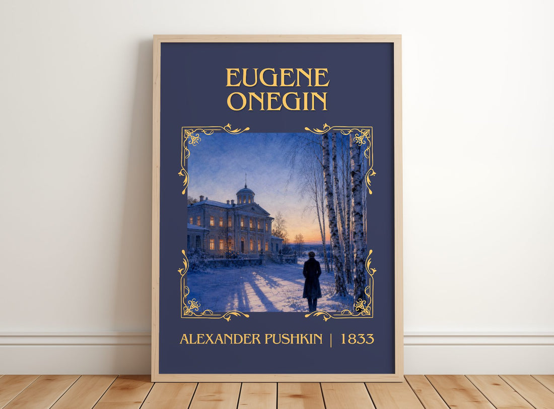 Eugene Onegin Classic Book Art Print by Alexander Pushkin – framed print leaning on a wooden floor