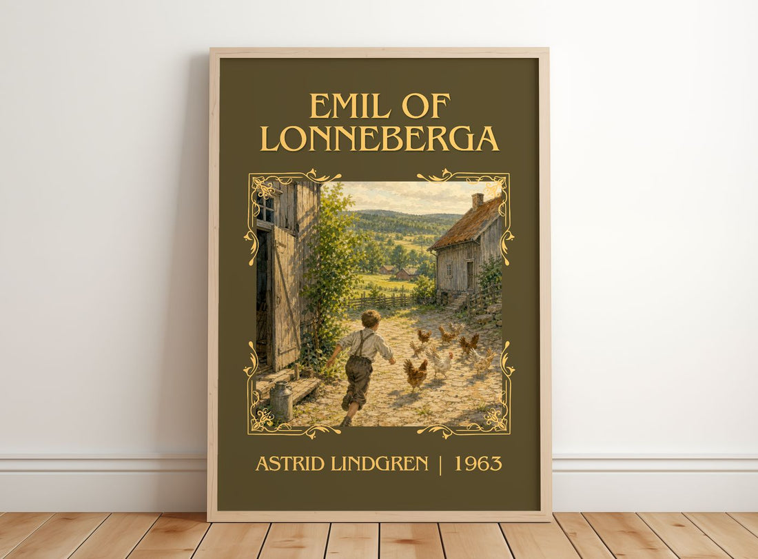 Emil of Lönneberga Classic Book Art Print by Astrid Lindgren – framed print leaning on a wooden floor