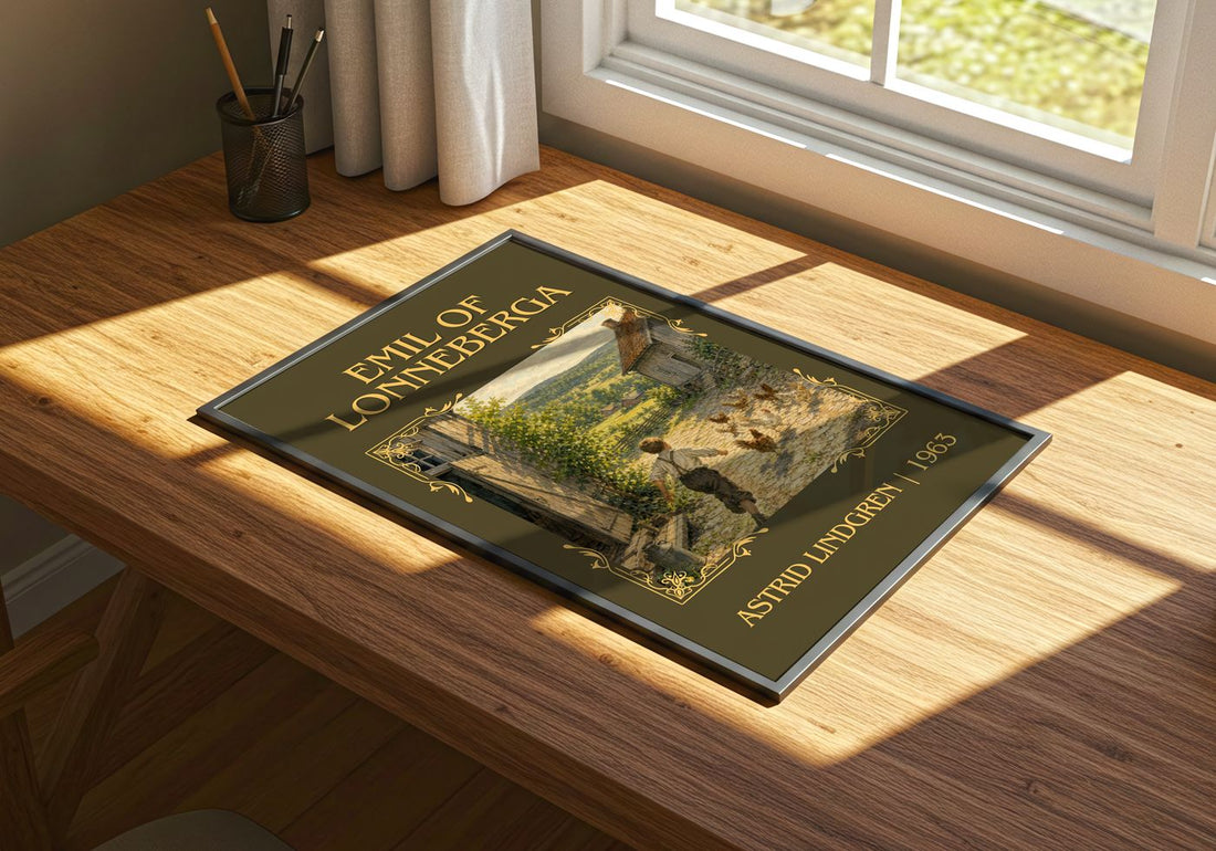 Emil of Lönneberga Classic Book Art Print by Astrid Lindgren – print on a sunlit desk