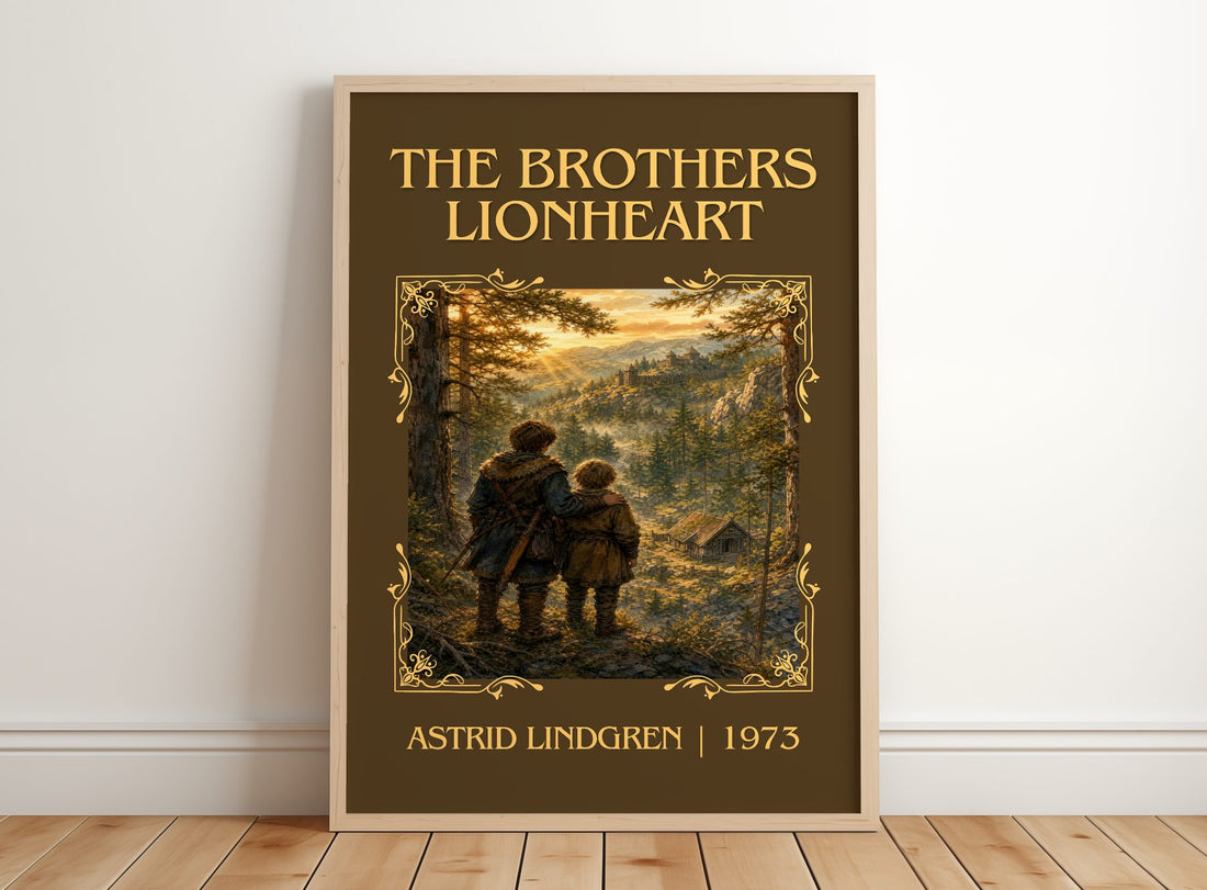 The Brothers Lionheart Classic Book Art Print by Astrid Lindgren – framed print leaning on a wooden floor