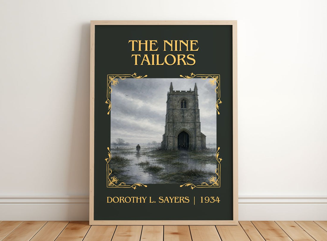 The Nine Tailors Classic Book Art Print by Dorothy L. Sayers – framed print leaning on a wooden floor