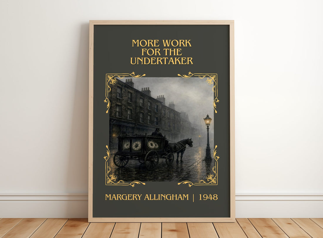 More Work for the Undertaker Classic Book Art Print by M. Allingham – framed print leaning on a wooden floor