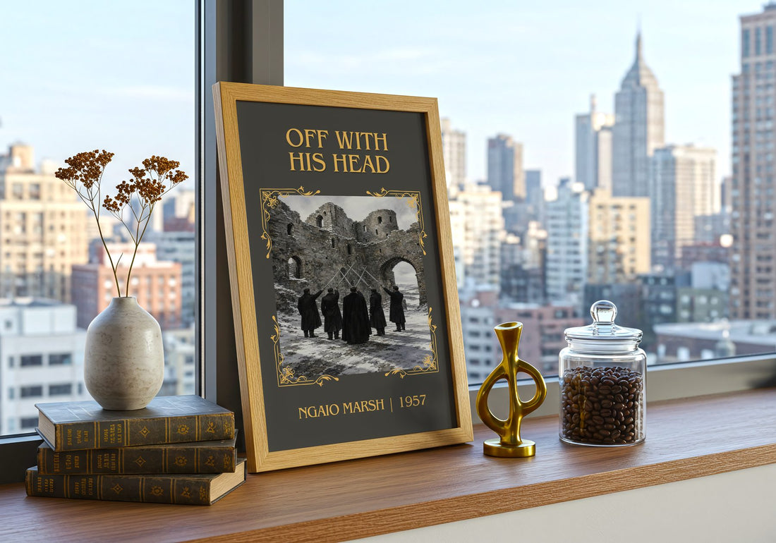 Off With His Head Classic Book Art Print by Ngaio Marsh – framed print on a city-view windowsill